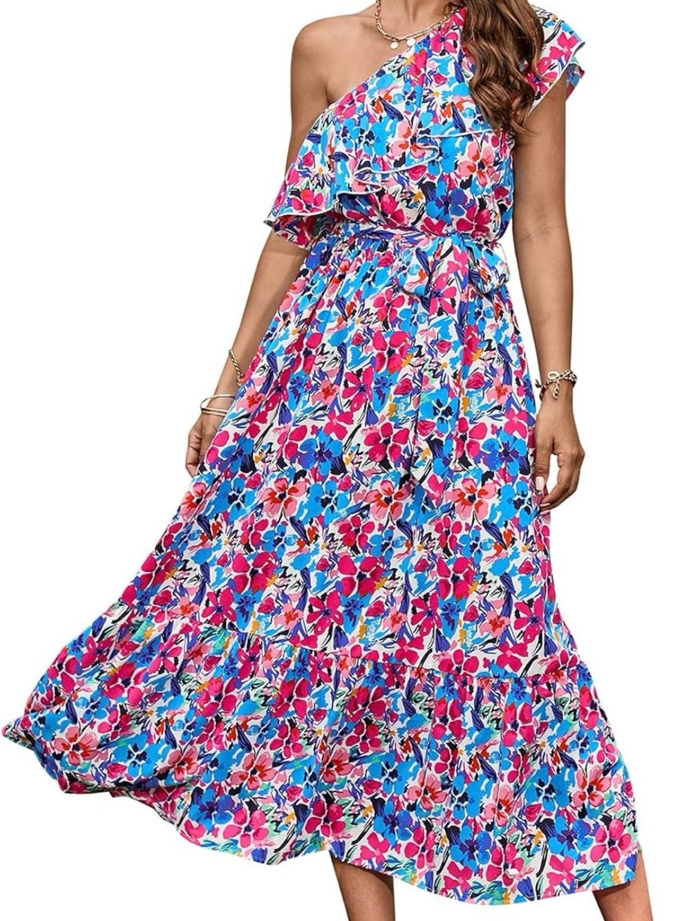 Floral One-Shoulder Maxi Dress - Blue & Pink